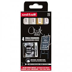 Set krednih markerjev Uni Chalk 4/1 bel, zlat, srebrn