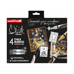 Set krednih markerjev Uni Chalk 4/1 christmas edition - črn, bel, zlat, srebrn