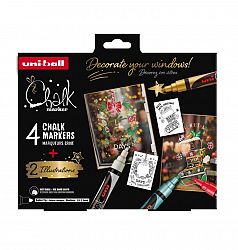 Set krednih markerjev Uni Chalk 4/1 christmas edition - bel, zlat, zelen, rdeč
