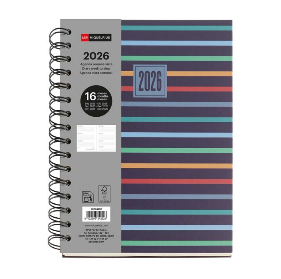 Spiralni tedenski planer 2026 A5 Miquelrius Stripes