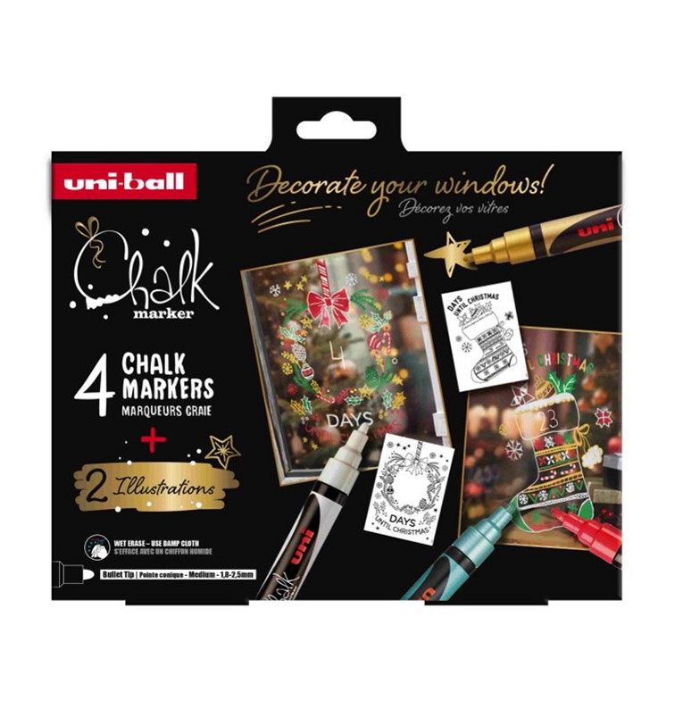 Set krednih markerjev Uni Chalk 4/1 christmas edition - bel, zlat, zelen, rdeč