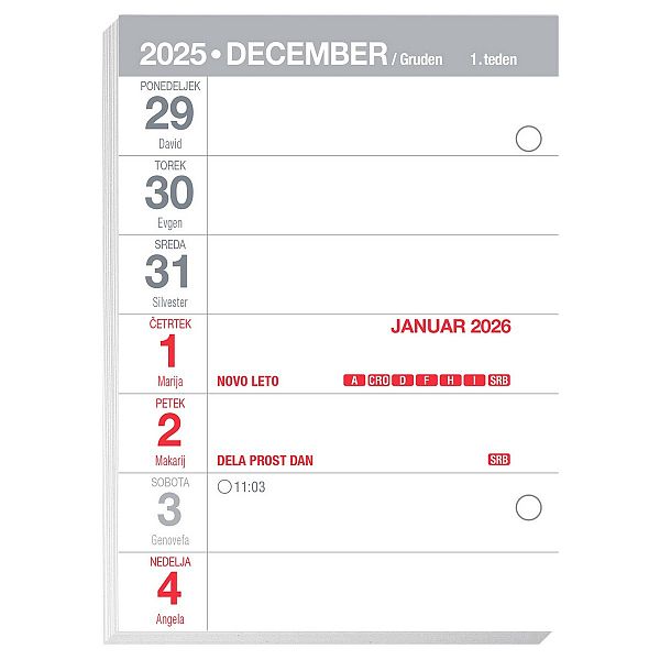 Vložek za namizni koledar pleksi - tedenski 2026