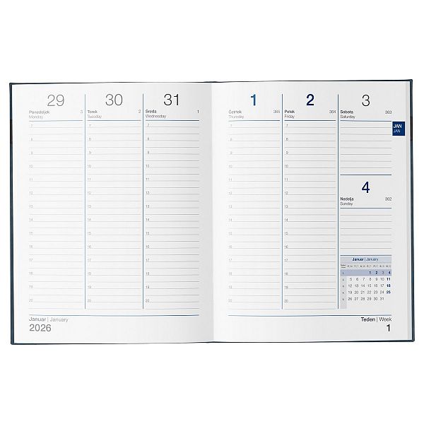 Tedenski poslovnik z datumi 2026 Moder