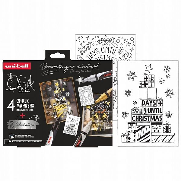 Set krednih markerjev Uni Chalk 4/1 christmas edition - črn, bel, zlat, srebrn