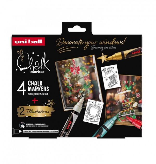 Set krednih markerjev Uni Chalk 4/1 christmas edition - bel, zlat, zelen, rdeč