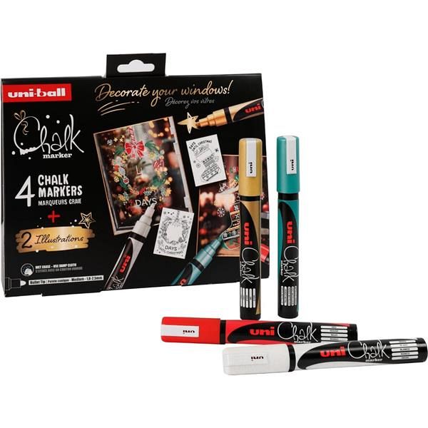 Set krednih markerjev Uni Chalk 4/1 christmas edition - bel, zlat, zelen, rdeč