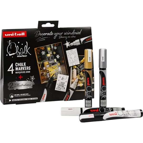 Set krednih markerjev Uni Chalk 4/1 christmas edition - črn, bel, zlat, srebrn