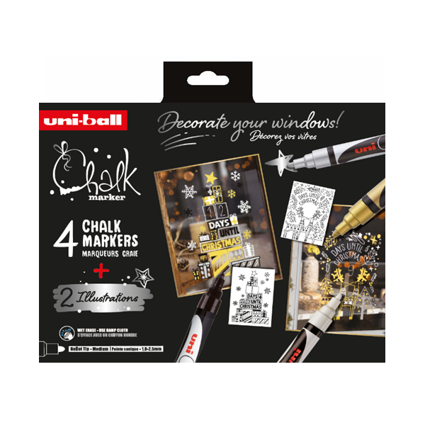 Set krednih markerjev Uni Chalk 4/1 christmas edition - črn, bel, zlat, srebrn